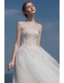 Unique Beaded Lace Sheer Neckline Reception Dress Tea Length Wedding Dress