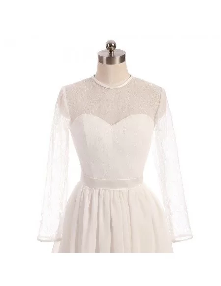 Simple Sheer Round Neck Knee Length Wedding Dress with Long Sleeves