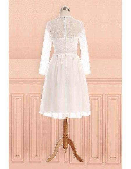 Simple Sheer Round Neck Knee Length Wedding Dress with Long Sleeves