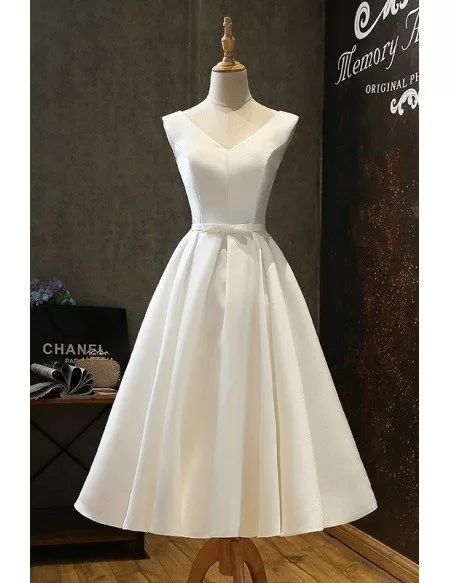 Vintage Satin Chic Tea Length Ivory Wedding Dress Simple with Lace Up