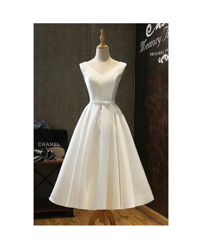 Vintage Satin Chic Tea Length Ivory Wedding Dress Simple with Lace Up # ...