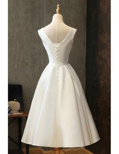 Vintage Satin Chic Tea Length Ivory Wedding Dress Simple with Lace Up