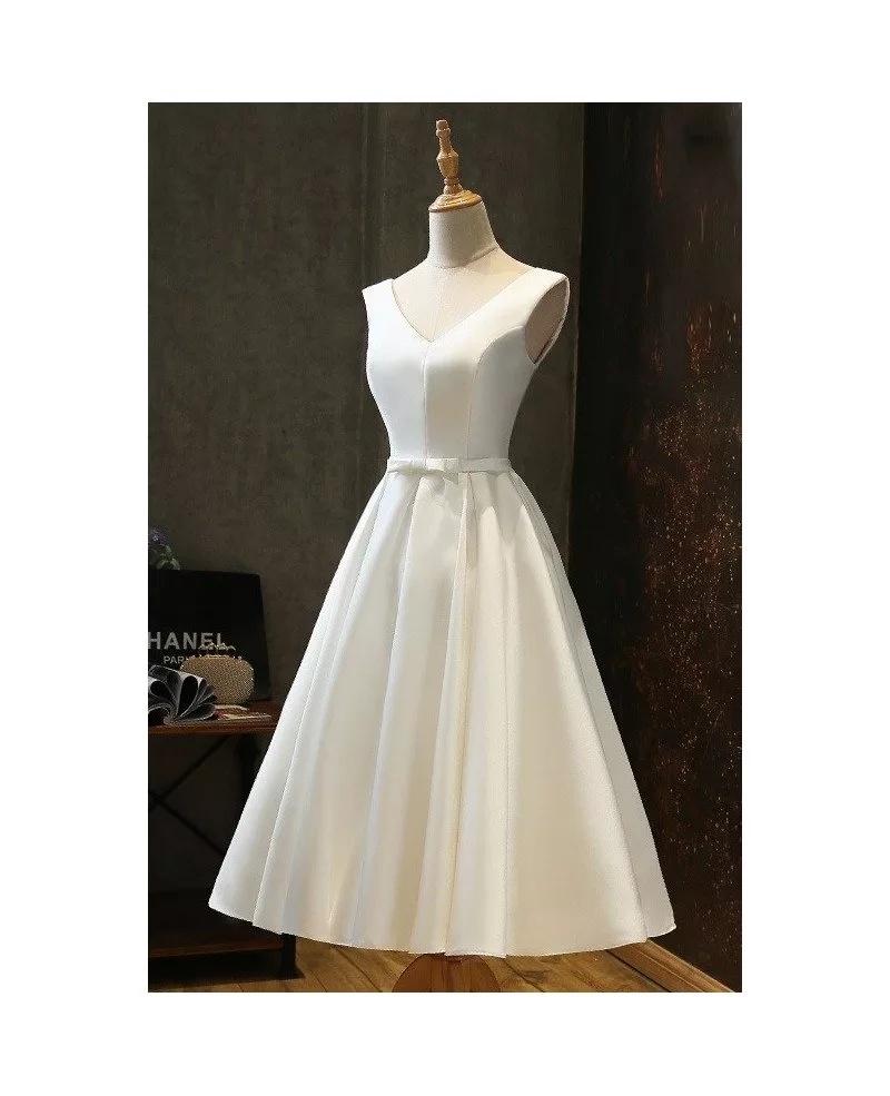 Vintage Satin Chic Tea Length Ivory Wedding Dress Simple with Lace Up # ...