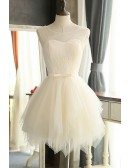 Light Champagne Cute Ruffle Tulle Short Party Dress with Sheer Neckline