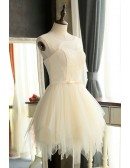 Light Champagne Cute Ruffle Tulle Short Party Dress with Sheer Neckline
