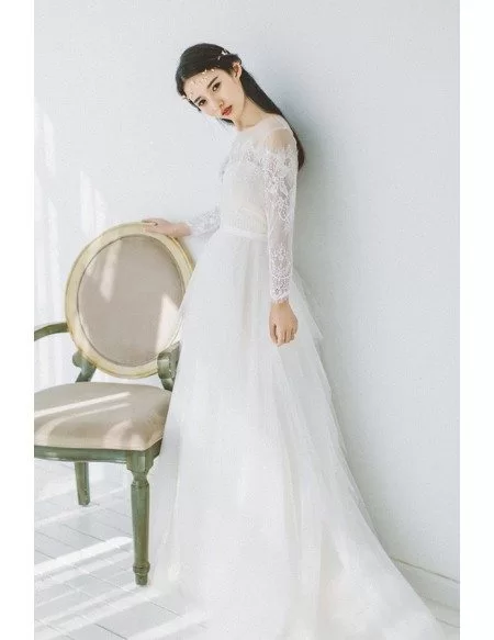 Romantic Flowy Boho Lace Long Sleeves Beach Wedding Dress Illusion Neckline