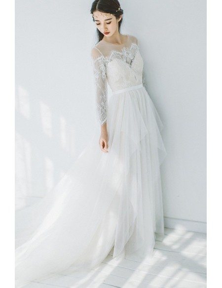 Romantic Flowy Boho Lace Long Sleeves Beach Wedding Dress Illusion Neckline