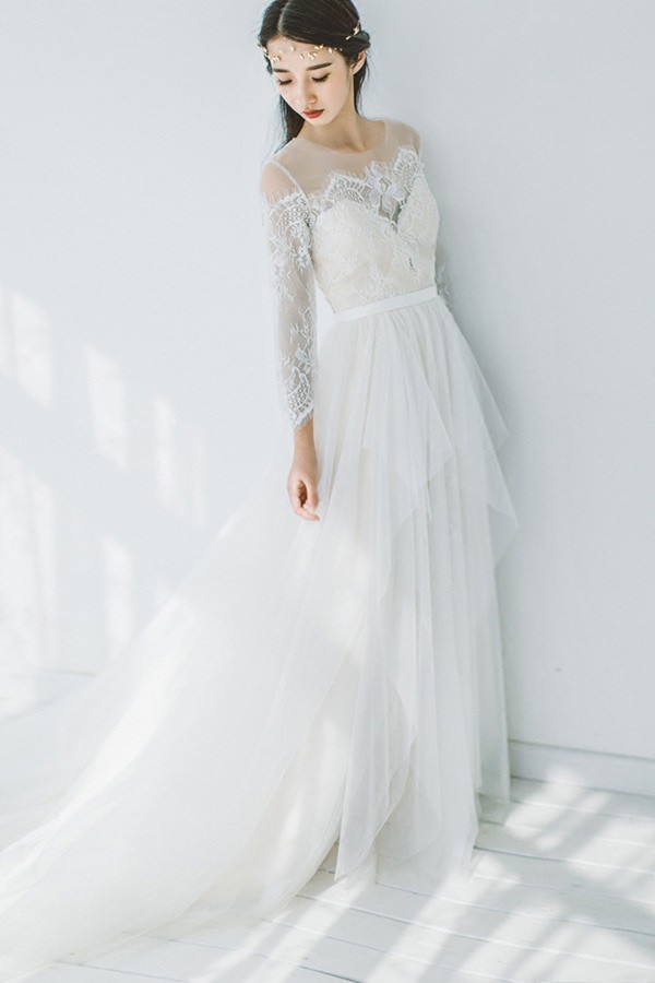 Romantic Flowy Boho Lace Long Sleeves Beach Wedding Dress Illusion ...