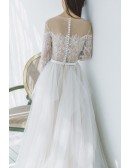 Romantic Flowy Boho Lace Long Sleeves Beach Wedding Dress Illusion Neckline