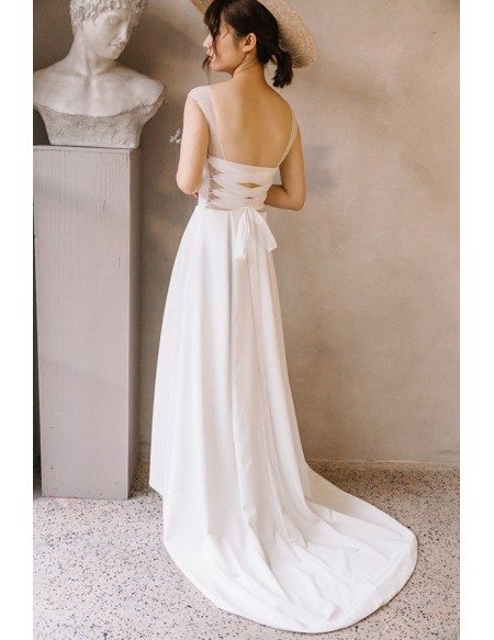 Simple Chic Illusion Neck Ankle Length High Low Beach Wedding Dress Open Back