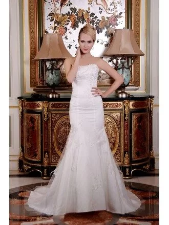 Mermaid Strapless Court Train Satin Tulle Wedding Dress With Beading Appliques Lace