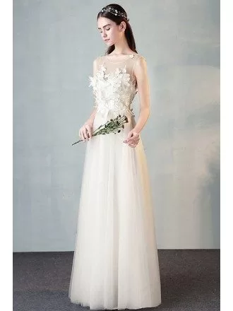 Simple Sleeveless Butterfly Aline Long Wedding Reception Dress Floor Length