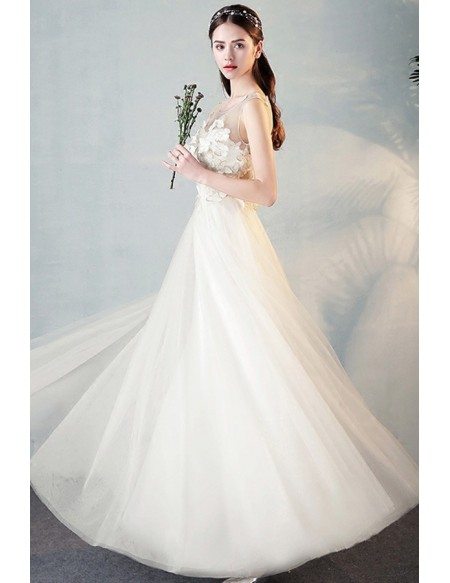 Simple Sleeveless Butterfly Aline Long Wedding Reception Dress Floor Length