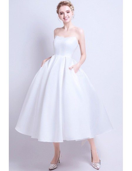 Vintage Chic Satin Tea Length Ballgown Wedding Dress with Pocket Simple Style