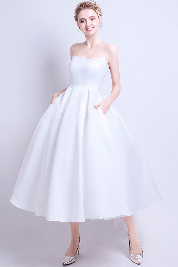 Vintage Chic Satin Tea Length Ballgown Wedding Dress with Pocket Simple