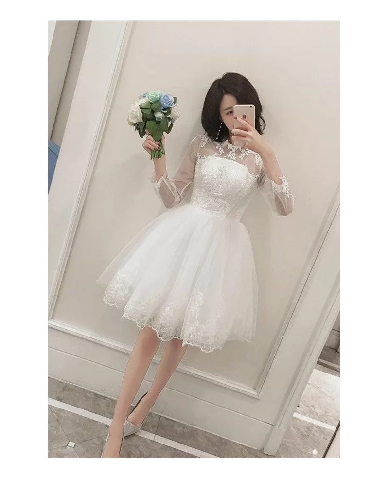 Chic Lace Tulle Short Wedding Reception Dress With Long Sleeves Sheer Neckline E8973 GemGrace