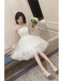 Short Chic Lace Tulle Short Wedding Reception Dress with Long Sleeves Sheer Neckline