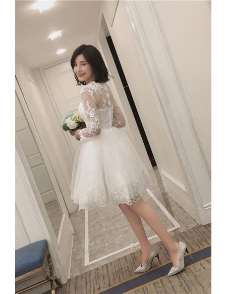 Short Chic Lace Tulle Short Wedding Reception Dress with Long Sleeves Sheer Neckline