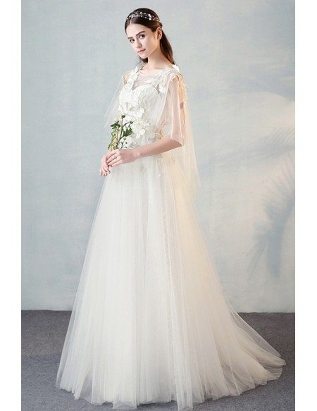 Fairy Butterflies Aline Long Tulle Wedding Dress with Puffy Sleeves For Summer