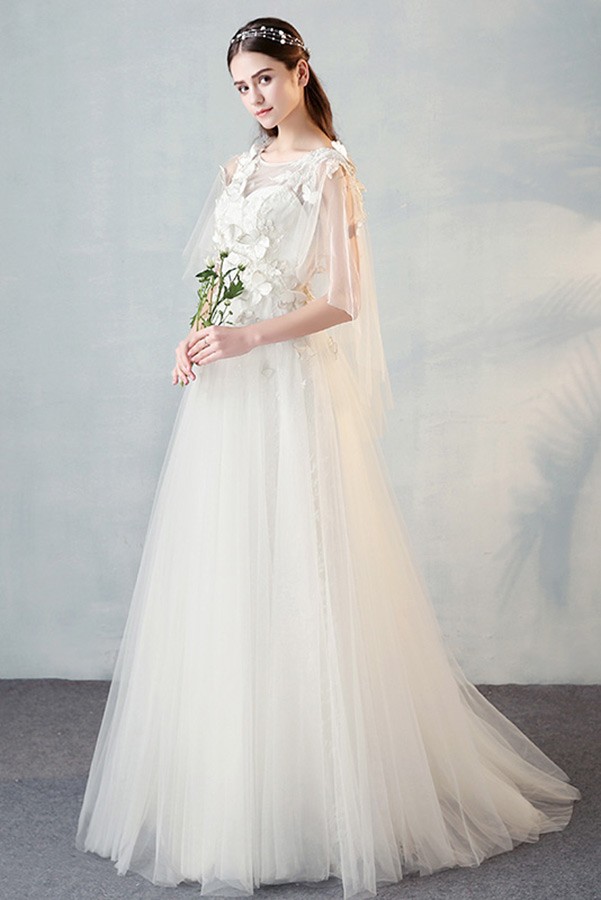Fairy Butterflies Aline Long Tulle Wedding Dress with Puffy Sleeves For ...