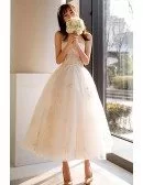 Unique Beaded Lace Tea Length Wedding Dress Vintage Reception Dress Illusion Neck