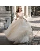 Sexy Sheer Top Beaded Long Sleeve Wedding Dress Open Back Tulle Ballgown