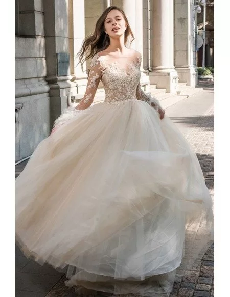 Sexy Sheer Top Beaded Long Sleeve Wedding Dress Open Back Tulle Ballgown