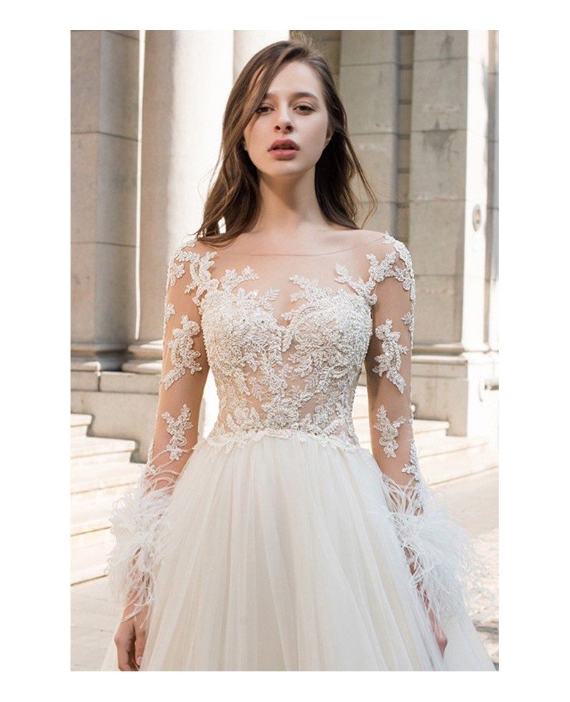 Sexy Sheer Top Beaded Long Sleeve Wedding Dress Open Back Tulle Ballgown E8959 GemGrace