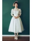 Vintage Chic Tea Length Bubble Sleeves Weddding Dress with Collar 70s 80s Style