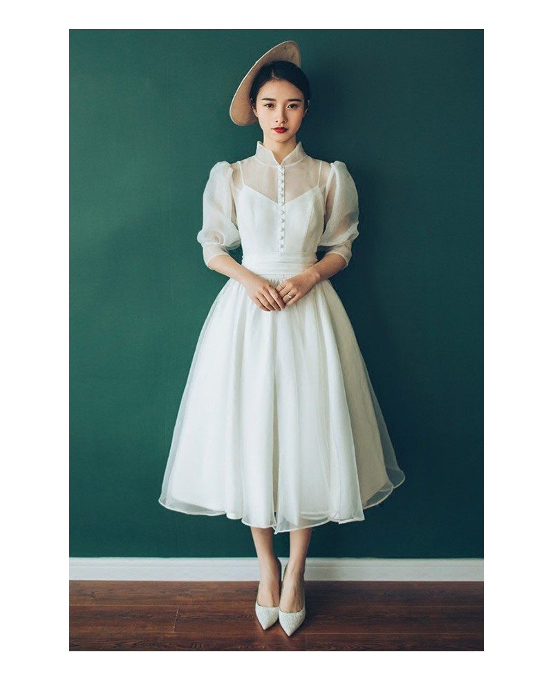 Vintage Chic Tea Length Bubble Sleeves Weddding Dress with Collar 70s 80s  Style #E8936 