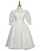Vintage Chic Tea Length Bubble Sleeves Weddding Dress with Collar 70s 80s Style
