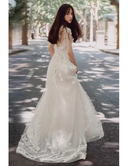 Charming Unique Lace Low Back Boho Beach Wedding Dress Destination Weddings