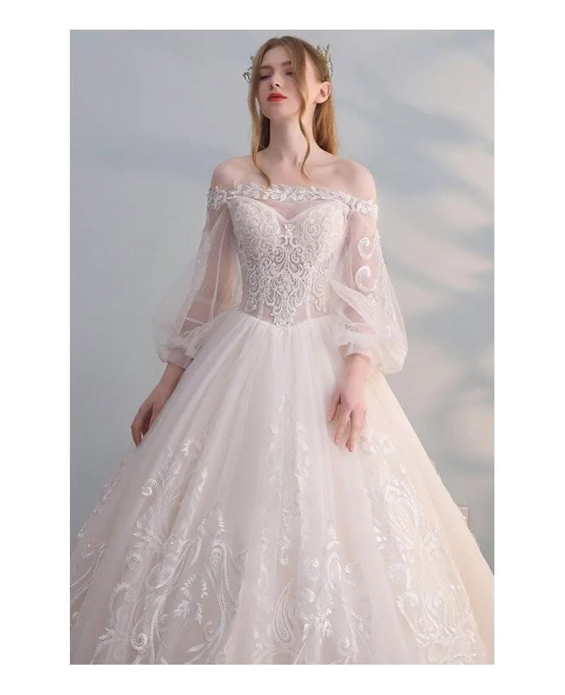 Gorgeous Off Shoulder Unique Lace Ballgown Wedding Dress With Puffy Sleeves Princess Style 