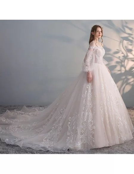 Gorgeous Off Shoulder Unique Lace Ballgown Wedding Dress with Puffy Sleeves Princess Style