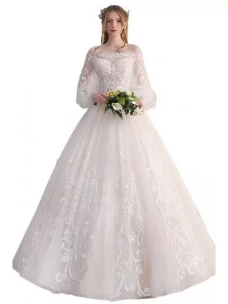 Gorgeous Off Shoulder Unique Lace Ballgown Wedding Dress with Puffy Sleeves Princess Style