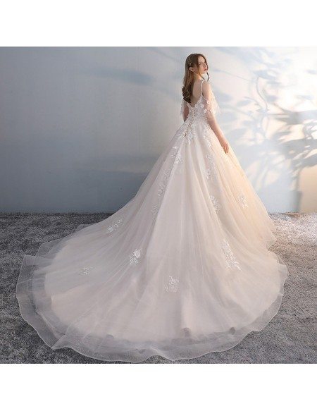 Peachy Ballgown Princess Wedding Dress Tulle with Straps Beaded Flowers
