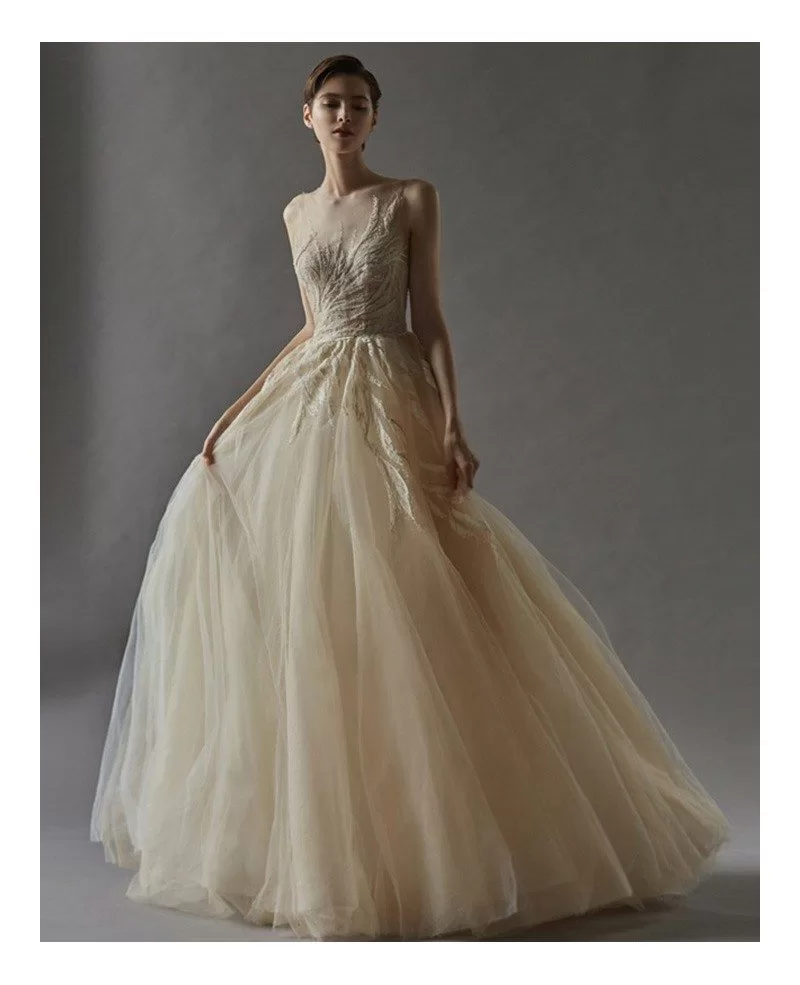 Boho Champagne Ballgown Wedding Dress Tulle Unique Leaf Shape Lace # ...