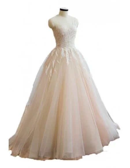 Boho Champagne Ballgown Wedding Dress Tulle Unique Leaf Shape Lace