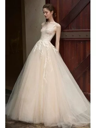 Boho Champagne Ballgown Wedding Dress Tulle Unique Leaf Shape Lace
