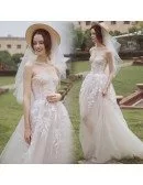 Peachy Boho Leaf Shape Lace Strapless Beach Wedding Dress Bohemian Style
