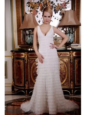 A-Line V-neck Sweep Train Lace Wedding Dress With Beading Ruffle