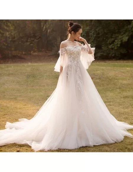 Beaded Lace Off Shoulder Empire Tulle Wedding Dress with Butterfly Sleeves