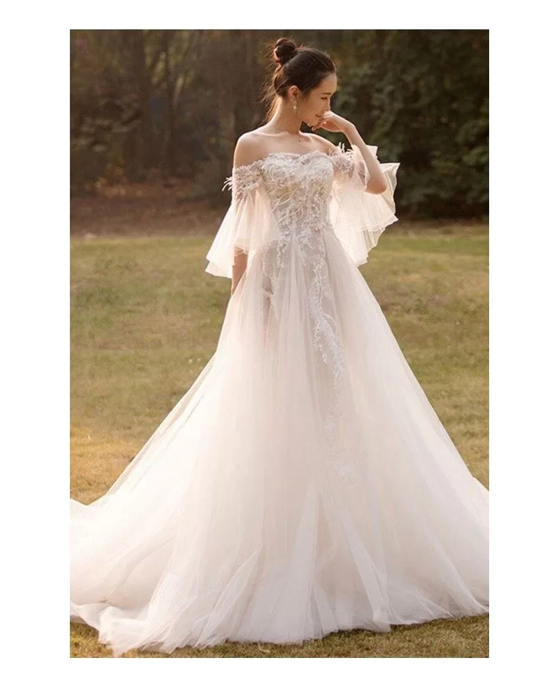 Beaded Lace Off Shoulder Empire Tulle Wedding Dress With Butterfly Sleeves E8932 GemGrace