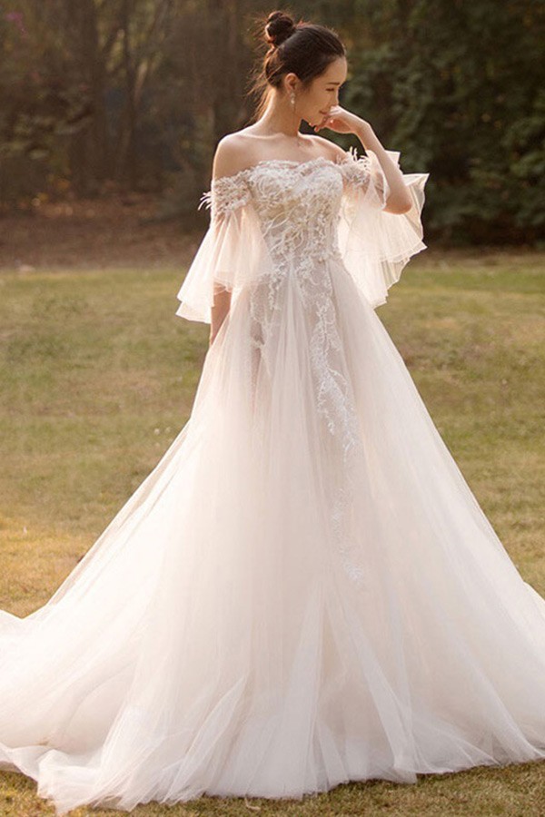 Beaded Lace Off Shoulder Empire Tulle Wedding Dress with Butterfly ...