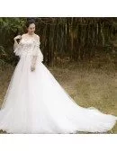 Beaded Lace Off Shoulder Empire Tulle Wedding Dress with Butterfly Sleeves