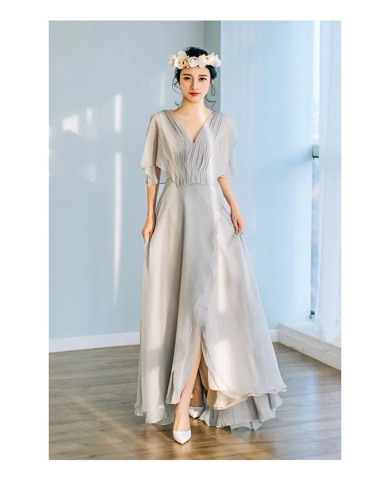 Flowy Grey Chiffon Low Back Beach Wedding Dress With Puffy Sleeves E8946 Gemgrace Com