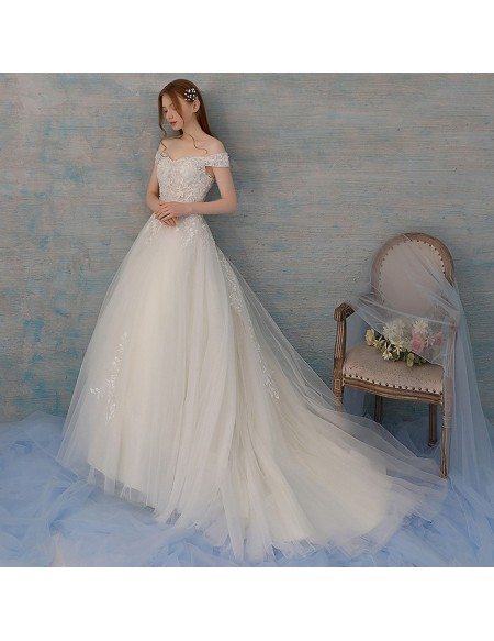 Pretty Ballgown Tulle Wedding Dress with Lace And Off Shoulder Long Train