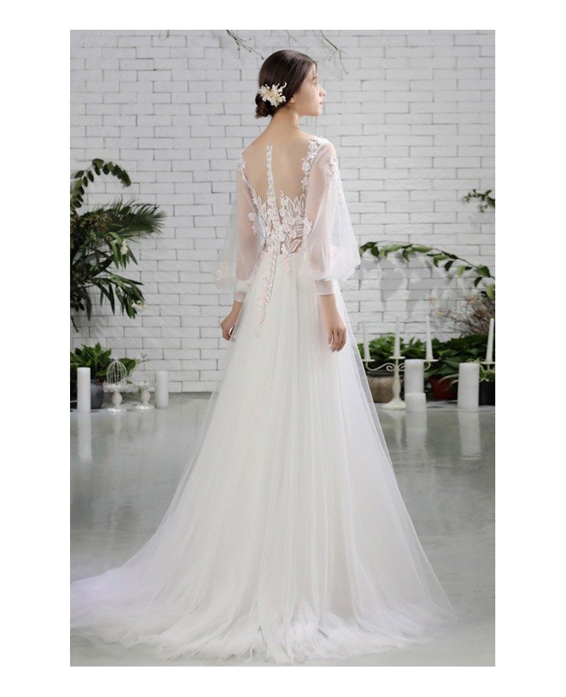 Flowy Long Tulle Beaded Flowers Beach Wedding Dress With Sheer Long Sleeves E8984 GemGrace