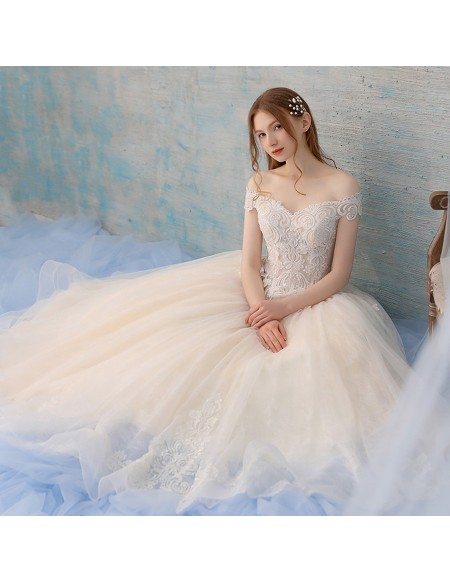 Unique Lace Off Shoulder Champagne Tulle Ballgown Wedding Dress Big Ballgown