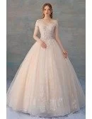 Unique Lace Off Shoulder Champagne Tulle Ballgown Wedding Dress Big Ballgown